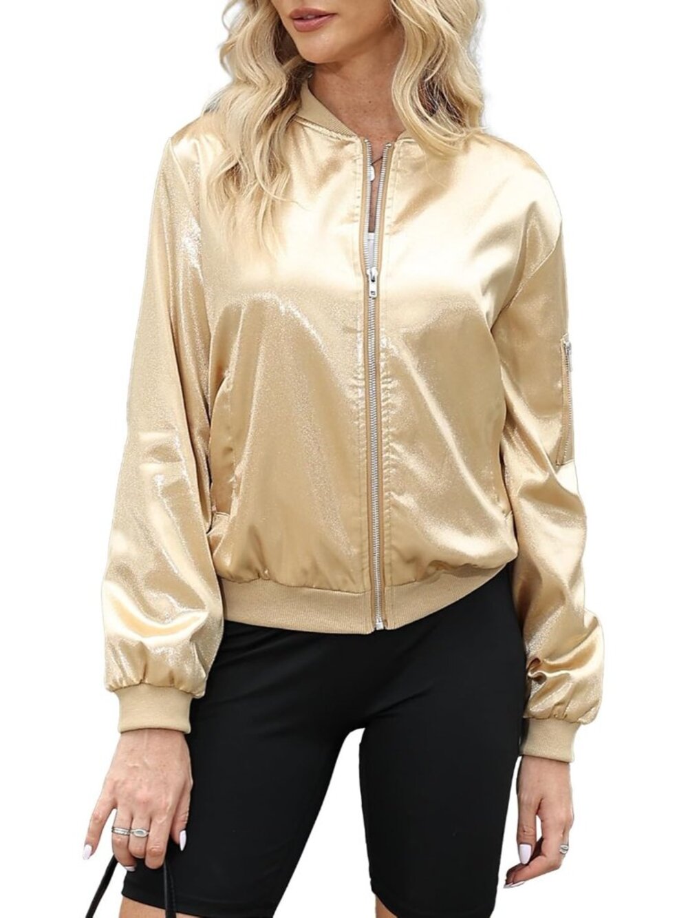 Women Golden 100% Polyester Zip-Up Shawl Collar Pocket Windbreaker Bomber Jacket